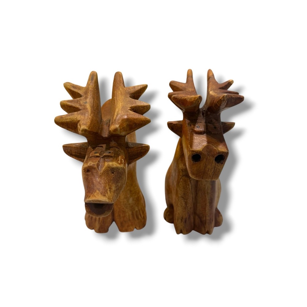 Vintage Hand Carved Wooden Moose Figurines Brown Rustic Cabin Lodge Decor